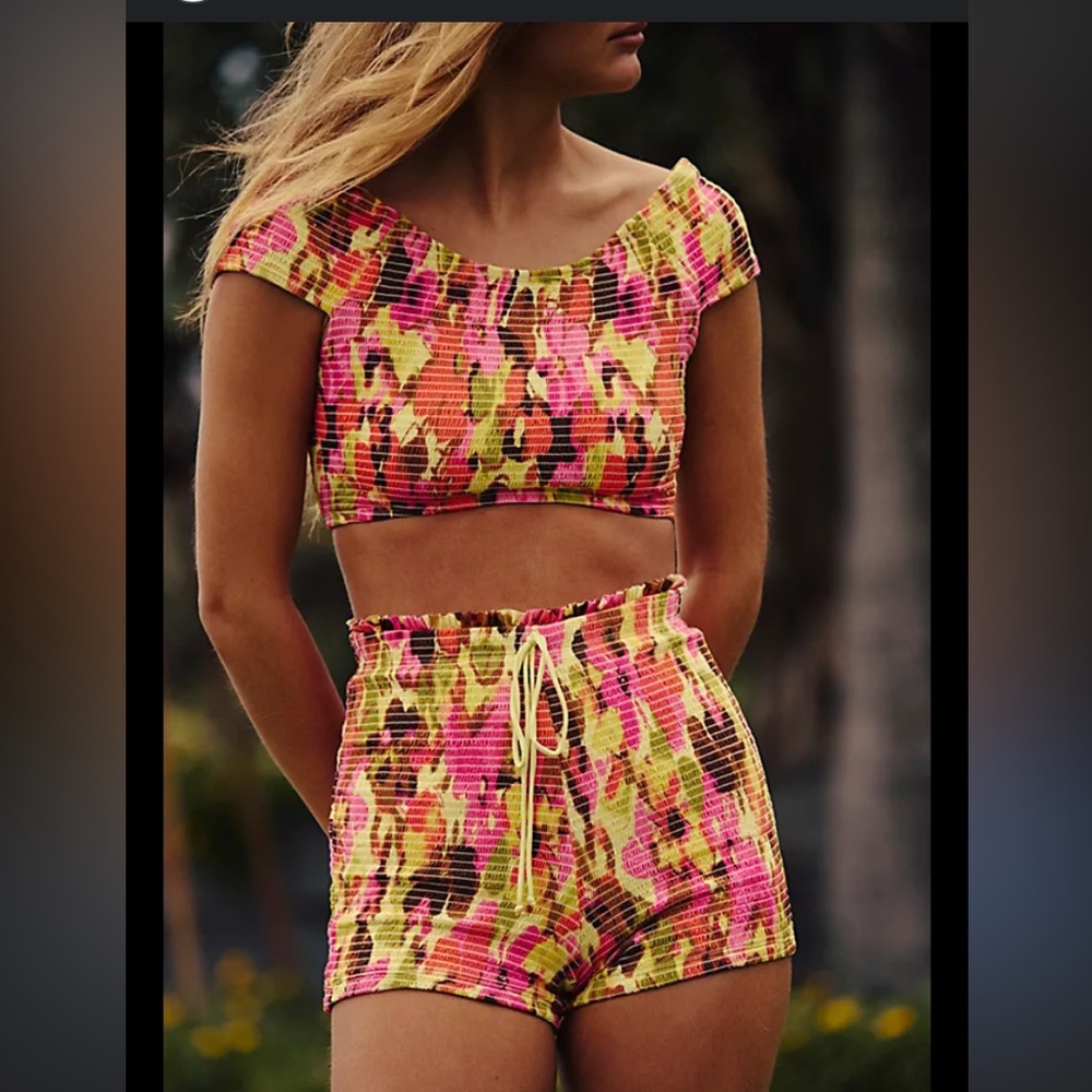 NEW SET Free People Free-est Darcy Smocked Swimsuit Top and Shorts set floral